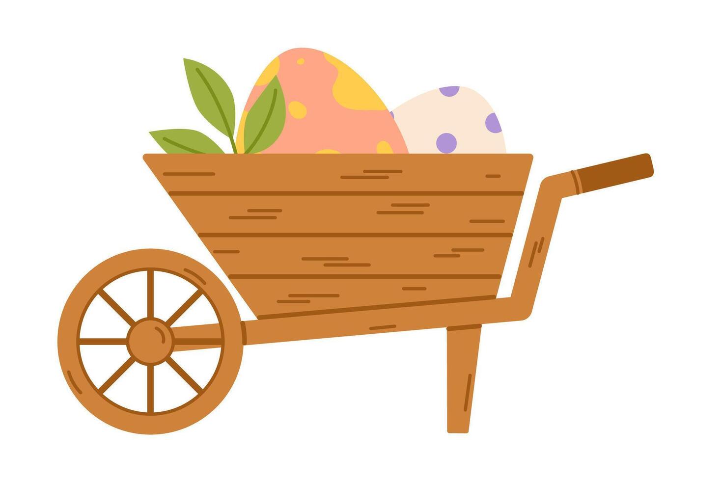 Wooden wheelbarrow with Easter eggs. Flat illustration isolated on white background vector