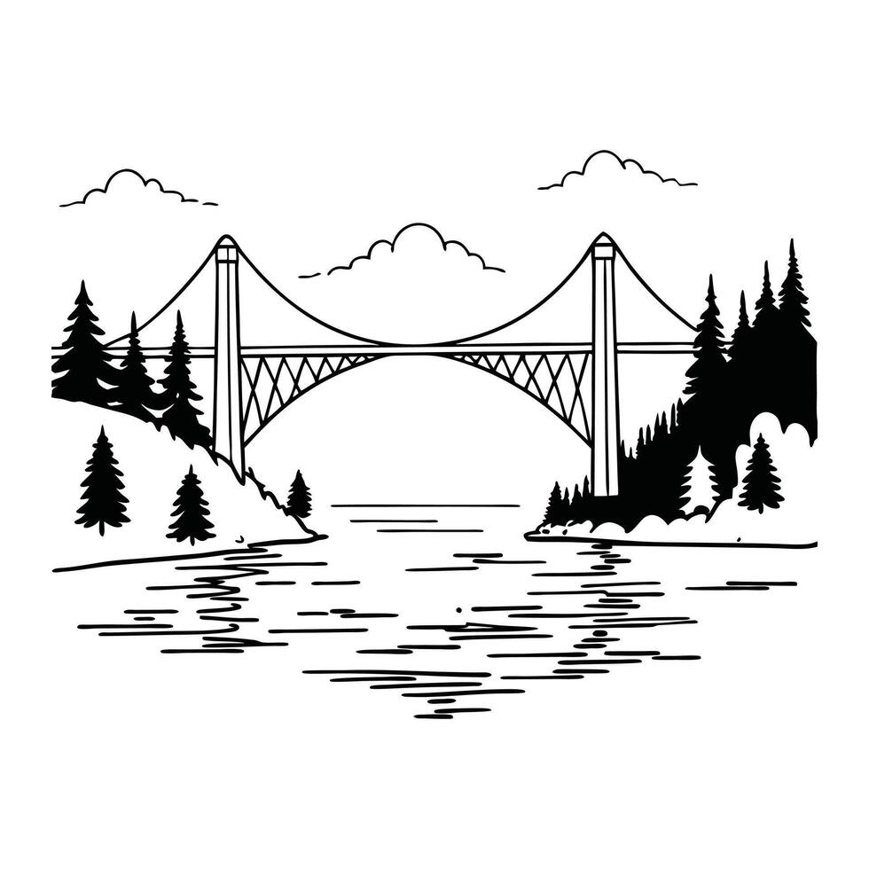 a black and white drawing of a bridge over the river vector