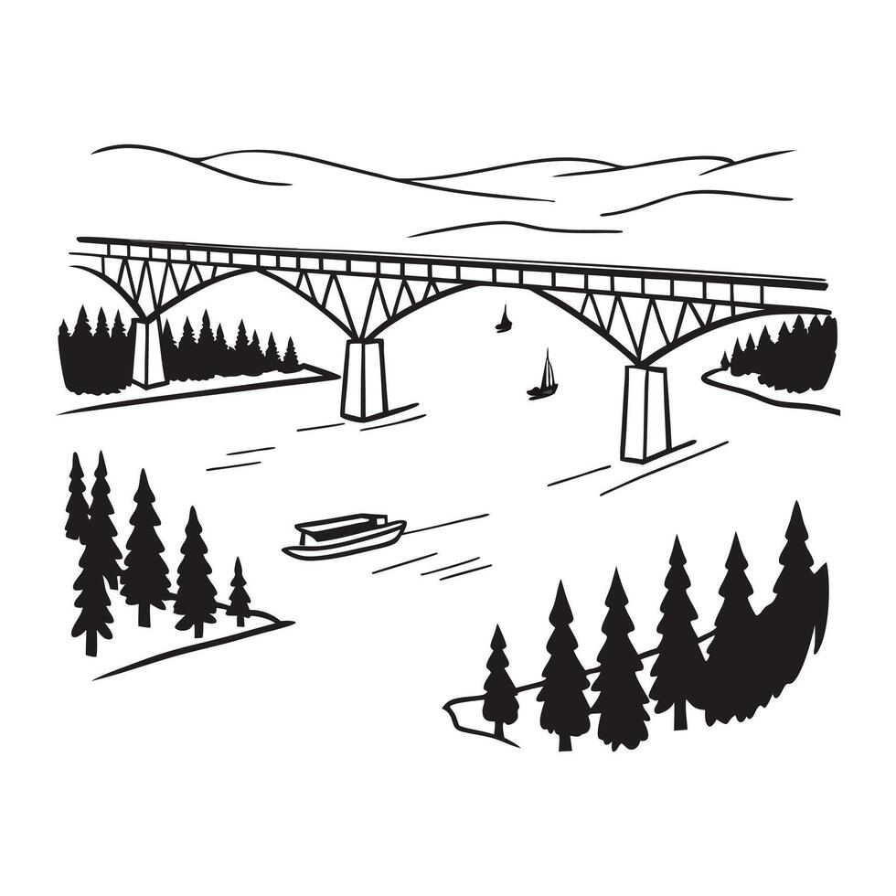 a black and white drawing of a bridge over a river white background. vector