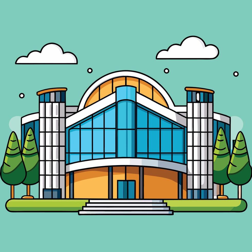 an illustration of a building with trees and clouds vector