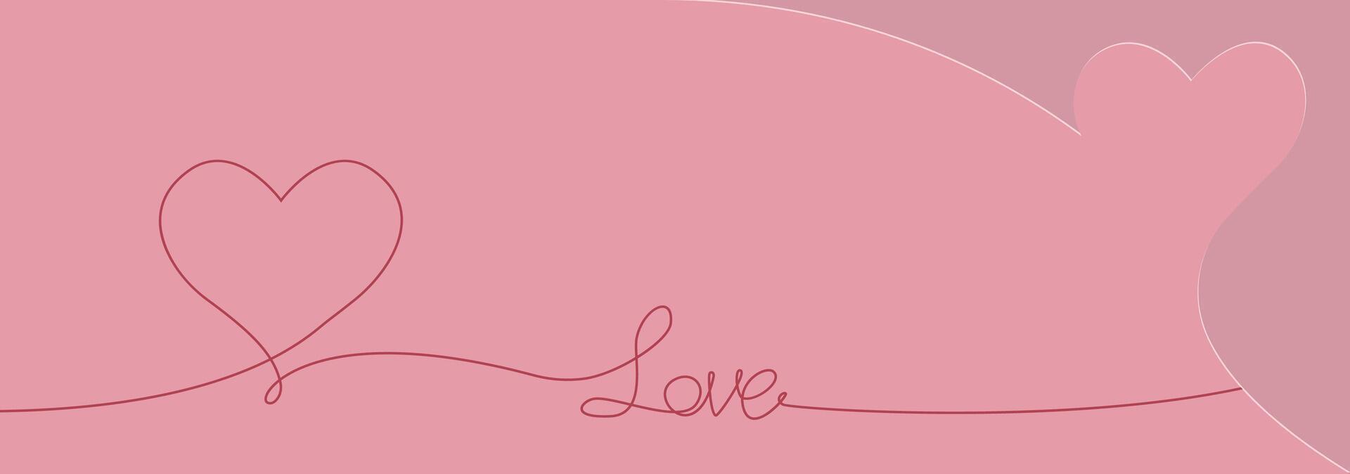 Happy Valentines day creative Banner Design. Love text and heart symbols, line art hand drawn style. Paper cut, copy space for sale header or voucher template, pink horizontal background vector