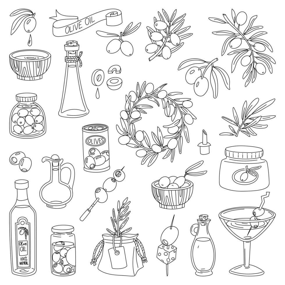 set of olives, olive oil, olive branches, black outline. Branches with berries, bottles of oil, drinks with snacks, a ribbon with an inscription. Isolated objects highlighted on a white background vector