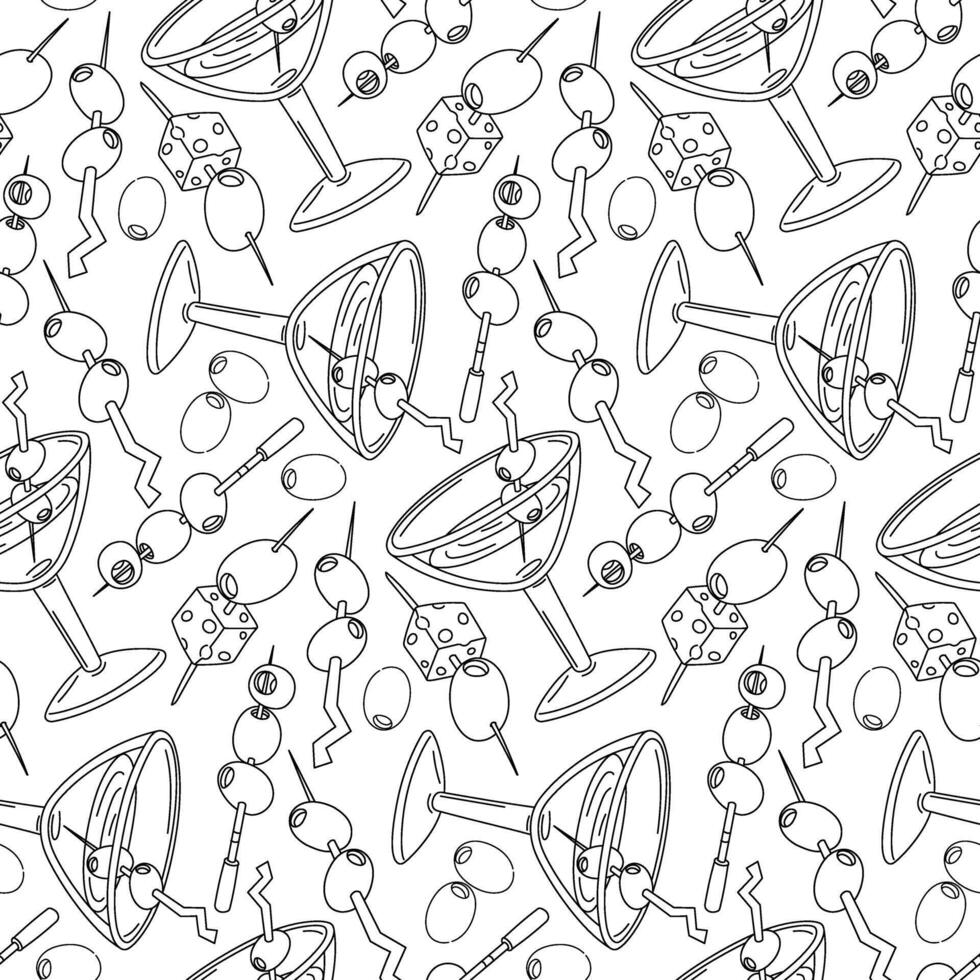 martini glass pattern with olives on skewers. Seamless variety of sticks with strung berries. Olives strung on a skewer float in a glass with a drink. An exquisite drink. Contour illustration on white vector