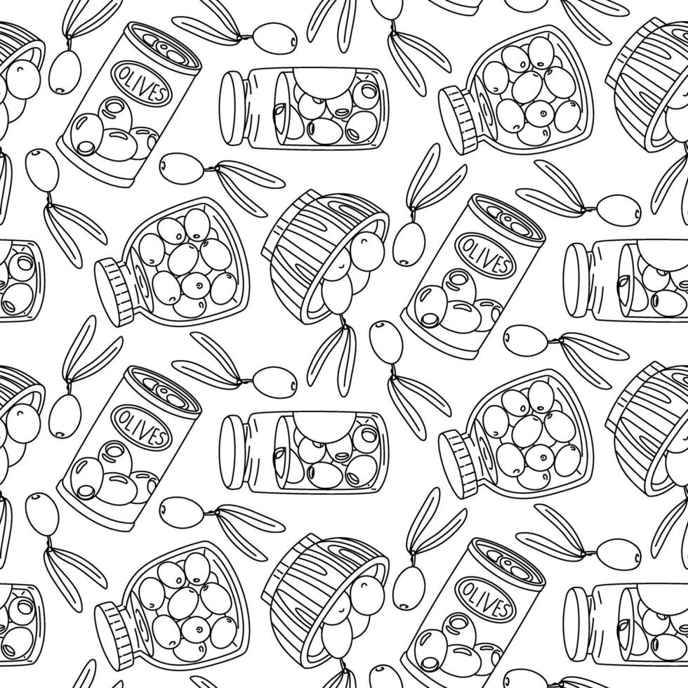 pattern of jars with olives. Seamless contour texture of jars of different shapes in glass, iron jar, wooden plate. Olives with and without pits. Contour illustration of food products. Coloring pages vector