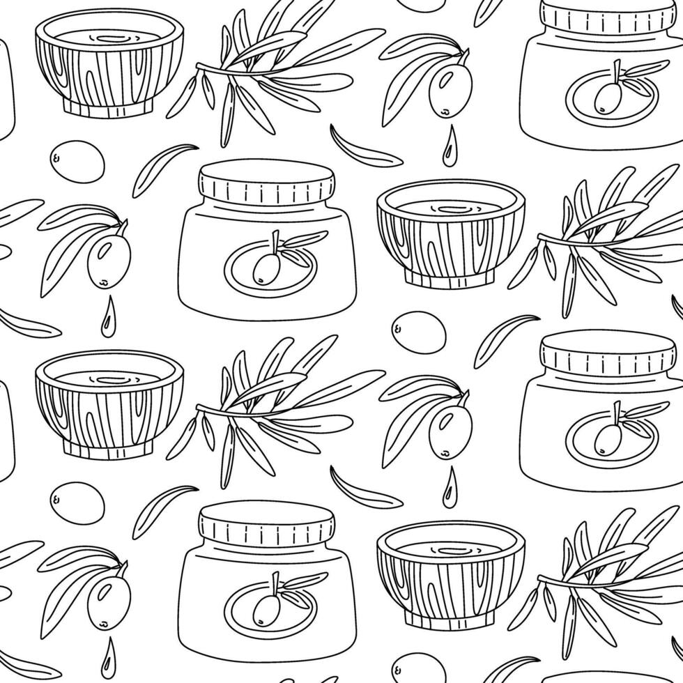 pattern of olive branches and oil, contour. An olive tree sprout in a gift bag, a branch with leaves, olive oil in a plate. Seamless flat Texture. an environmentally friendly product with olive oil vector