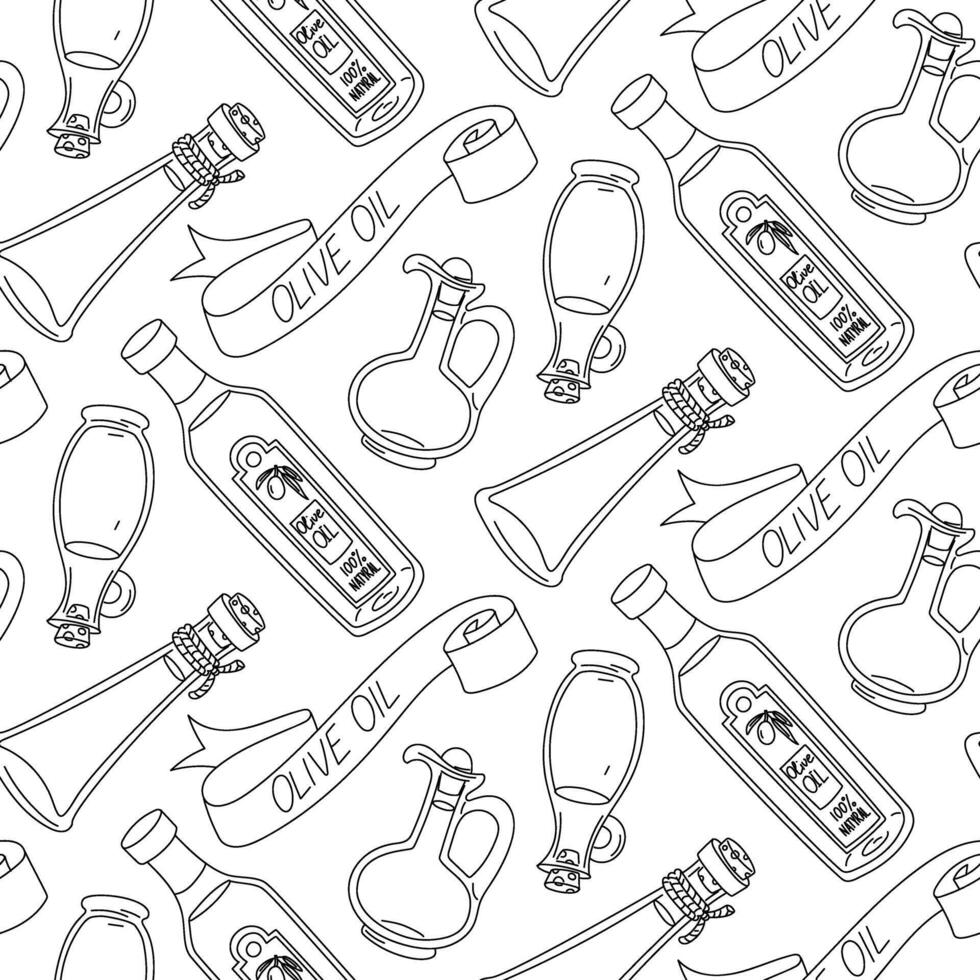 pattern of glass bottles, jug of olive oil, and ribbon with an inscription. Several bottles of homemade olive oil and one of the ones I bought at the store. Seamless sketch illustrations, coloring vector