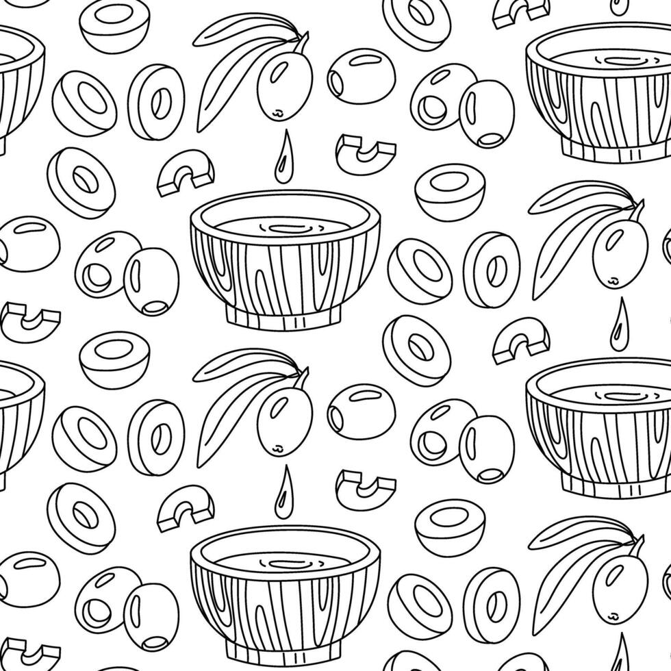 pattern of sliced olives and butter, product group. Berries with and without pits. Sliced fruits, olive oil in wooden bowl. An olive, drop of olive oil. variety of olives. Eco-friendly product, snack vector