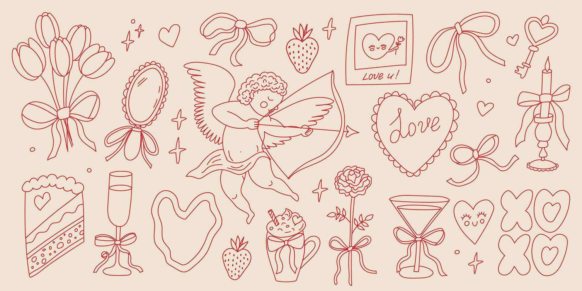 Various romantic doodles featuring a cherub, hearts, and love-themed elements on a soft background vector