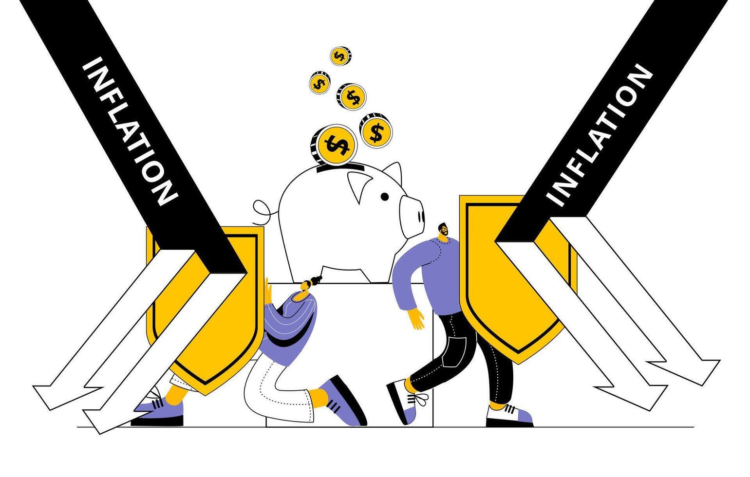 Characters with shields protect savings from inflation. vector