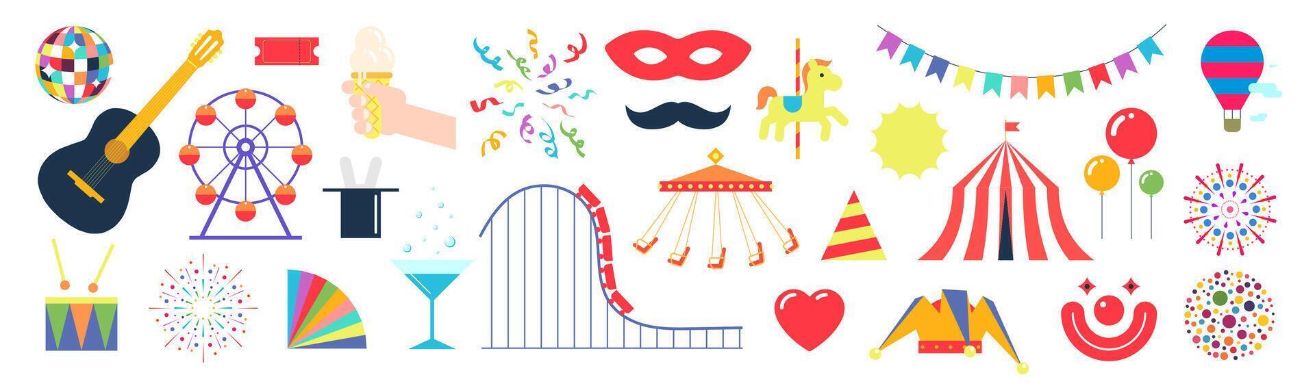 Modern bold geometric amusement holiday festive elements. Carnival and funfair symbol designs for advertisement print. Featuring circus tent, carousels, clown and guitar. Perfect for event promotion vector