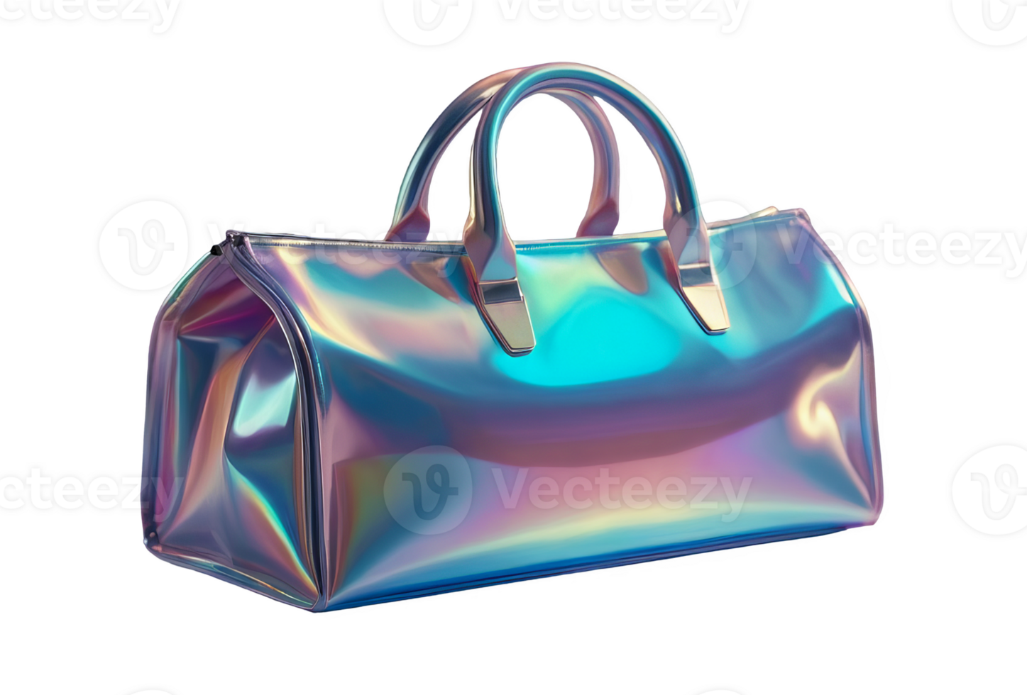 3D chrome element in Y2K style, isolated background, liquid holographic metal. Bag with blue and purple color, shiny surface made of plastic. png