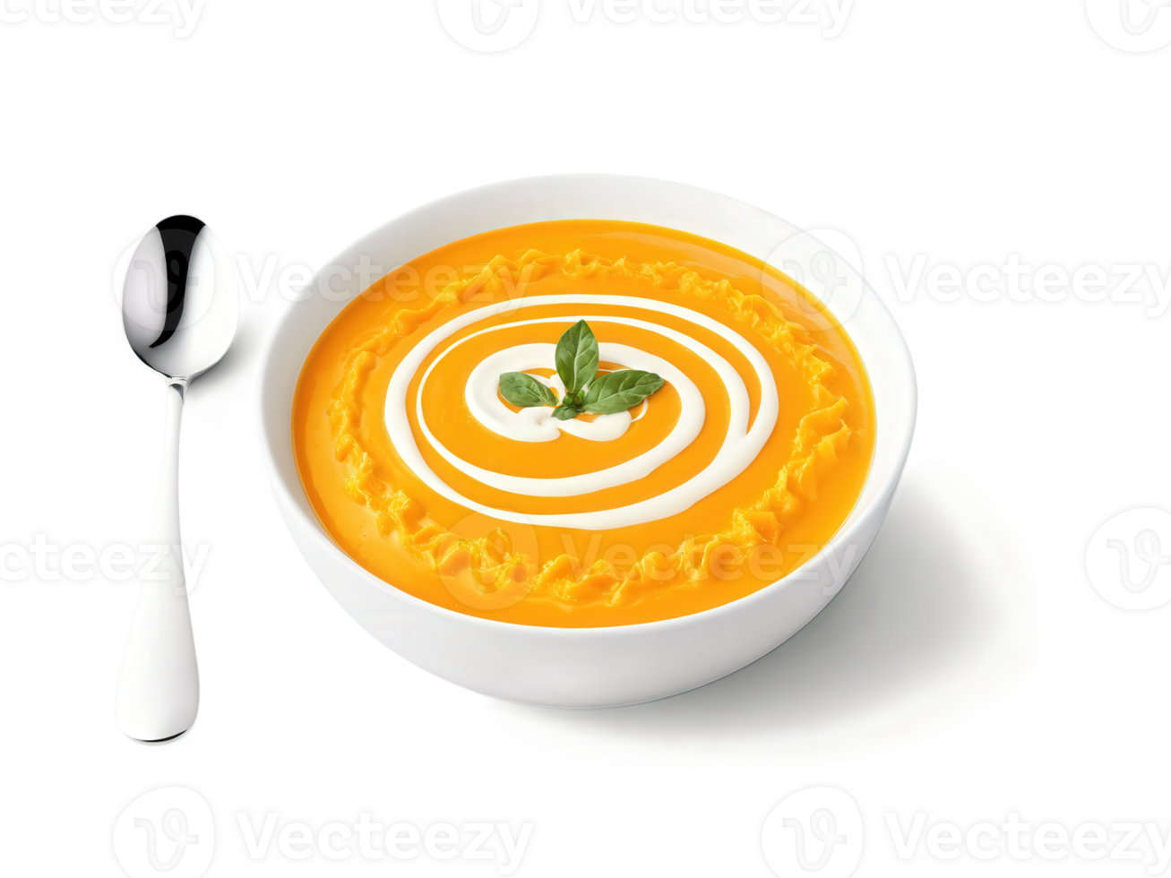 Butternut squash soup, thick orange puree, swirled with cream, in white bowl with spoon, steaming, vibrant, transparent background png