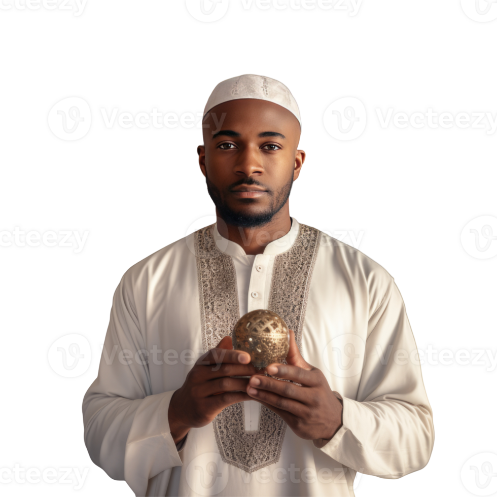 African Muslim Man Holding Object in Traditional Attire png