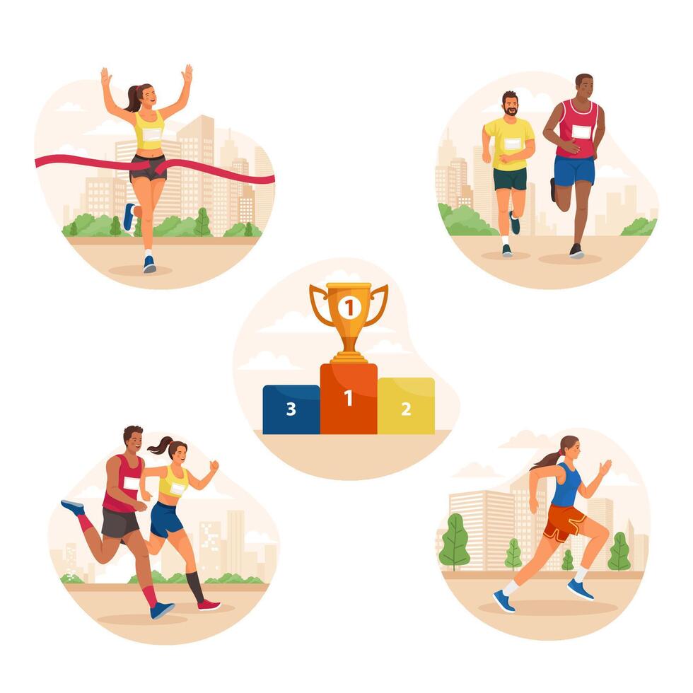 Hand drawn flat city marathon mini illustration set vector