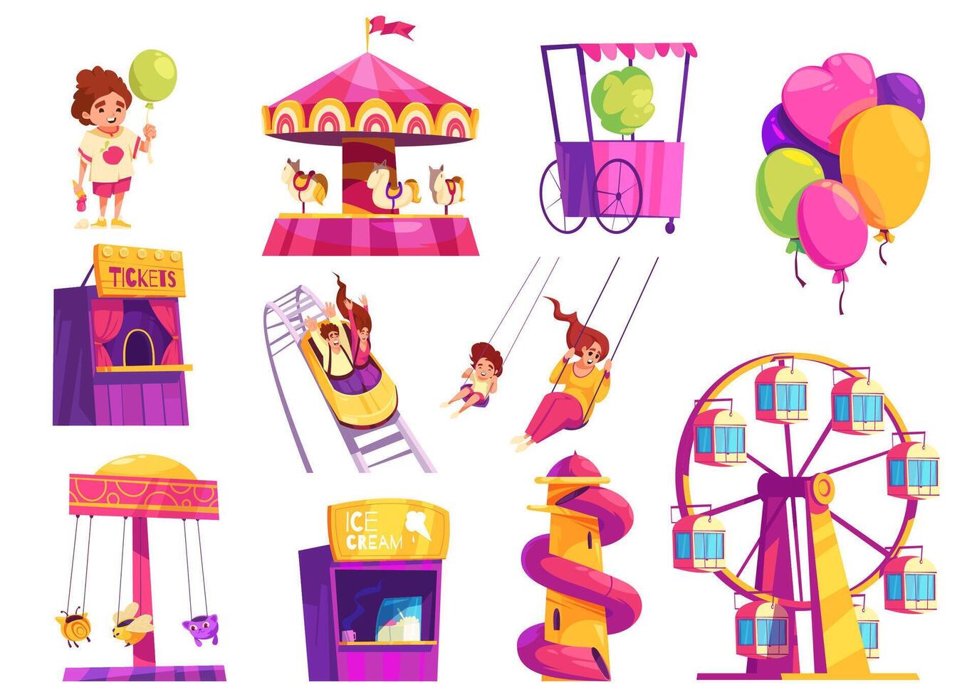 Hand Drawn cartoon amusement park collection vector
