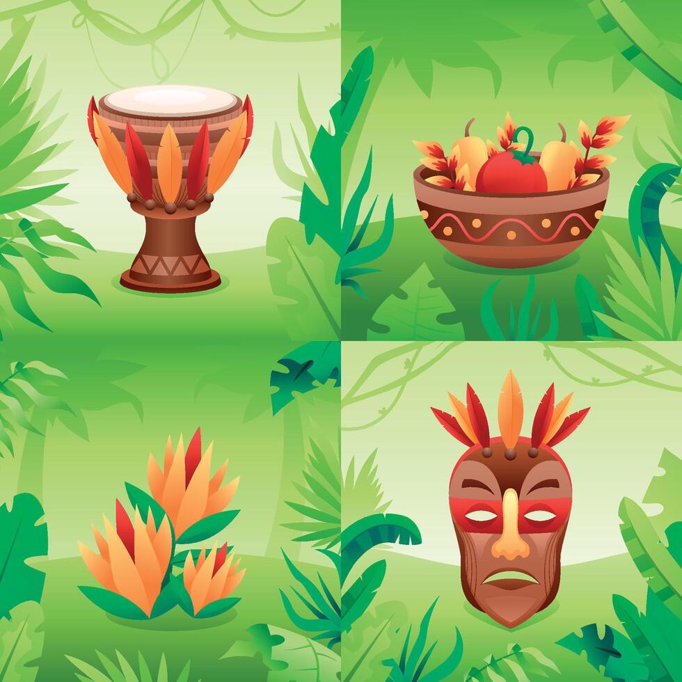 Gradient jungle illustration collection with mask and drum vector