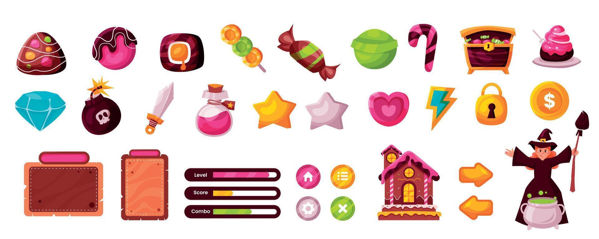 Hand drawn flat game assets icons set vector