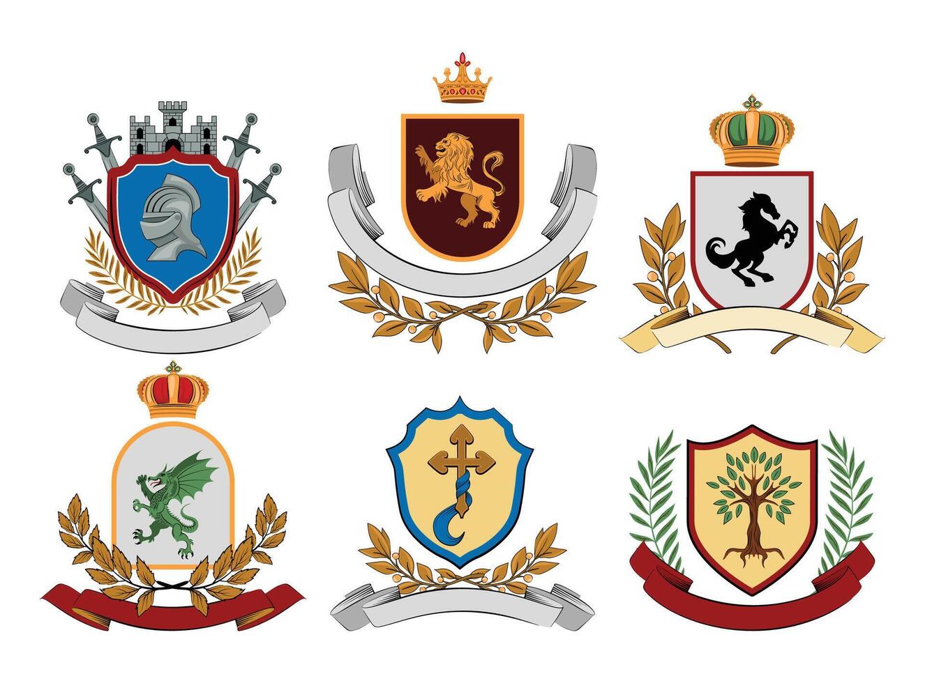 Hand drawn flat heraldic badge with ribbons set vector