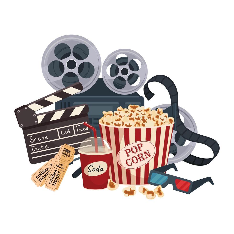 Hand drawn flat cinema composition background vector
