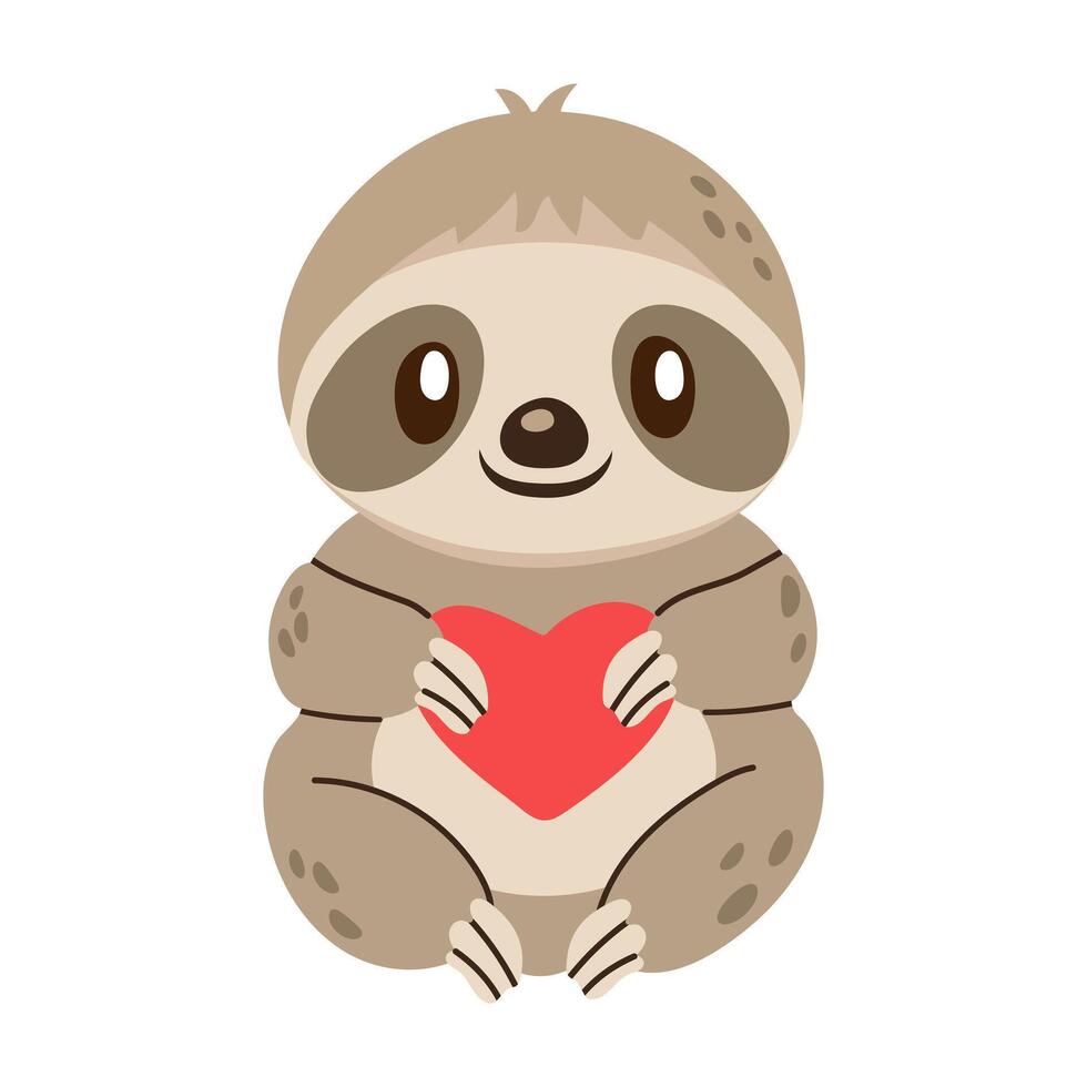 Cute sloth holding a red heart with a friendly smile on a white background. Adorable animal illustration perfect for Valentine's Day, cards, prints, and childrens designs. vector