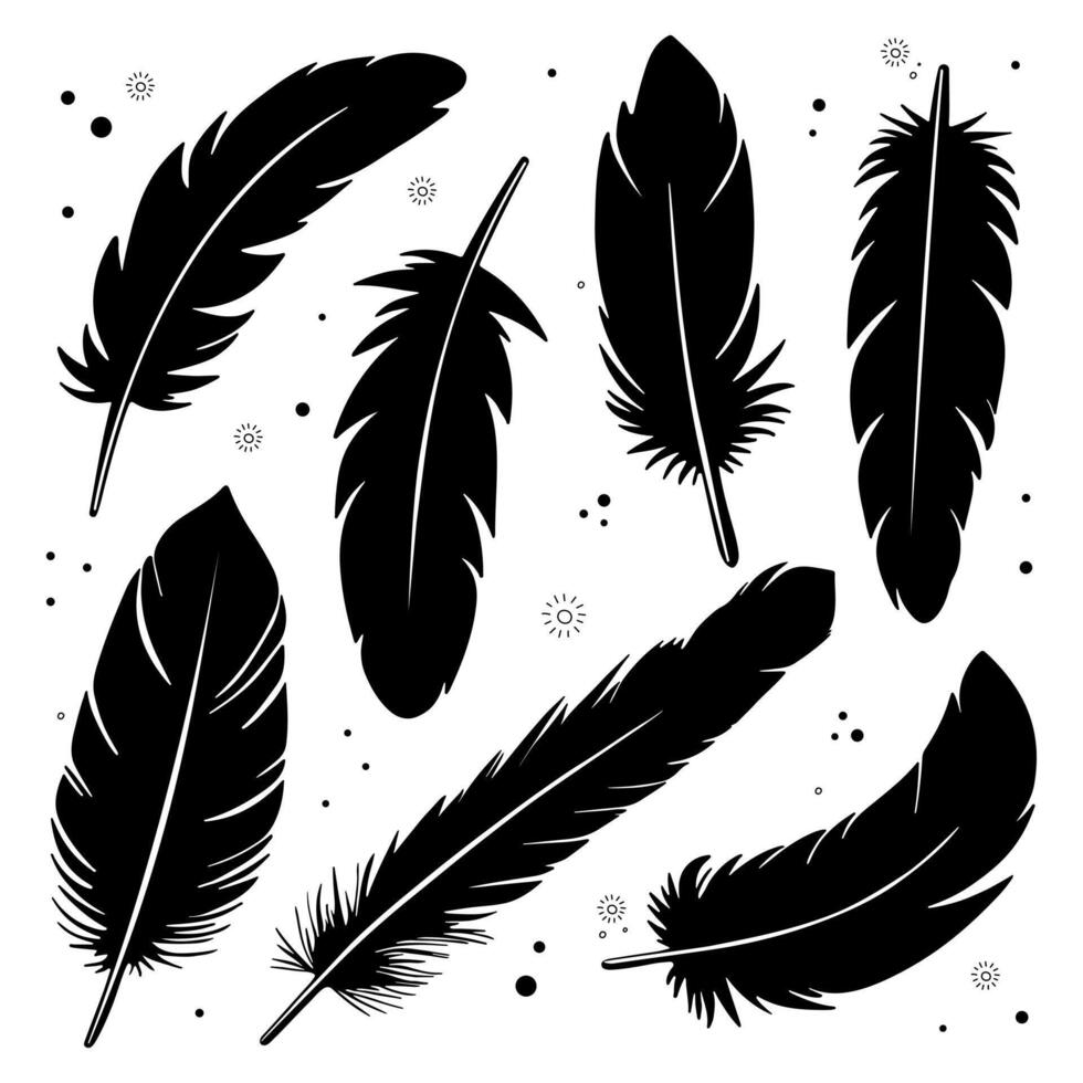 Black silhouette set of feathers with decorative elements and dots on a white background. Minimalist and elegant design, perfect for prints, patterns, and creative projects. vector