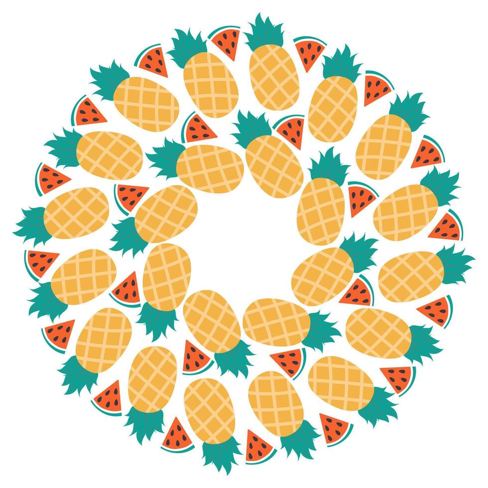 Pineapple and Watermelon slices with seed Circular frame border in Summer hues. Copy space Template. Isolated illustration Thematic cards or web promo banner, leaflets, print materials or tags vector