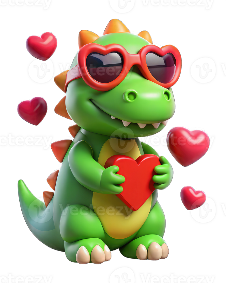 Cute Green Dinosaur Holding a Heart with Sunglasses and Floating Love Hearts. png