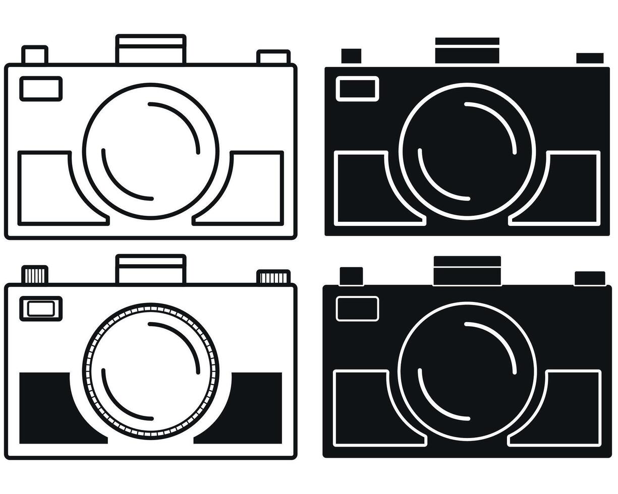 Camera outline and silhouette icon graphic, photography design element, black and white, white and black and black with a knock out stroke isolated on a white background vector
