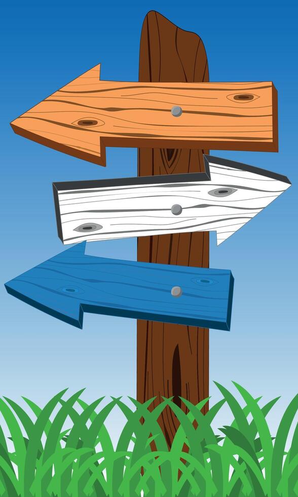 Wooden effect retro Signpost with different colour arrows pointing in different directions, options or career or life choices concept, Cartoon wood texture vector