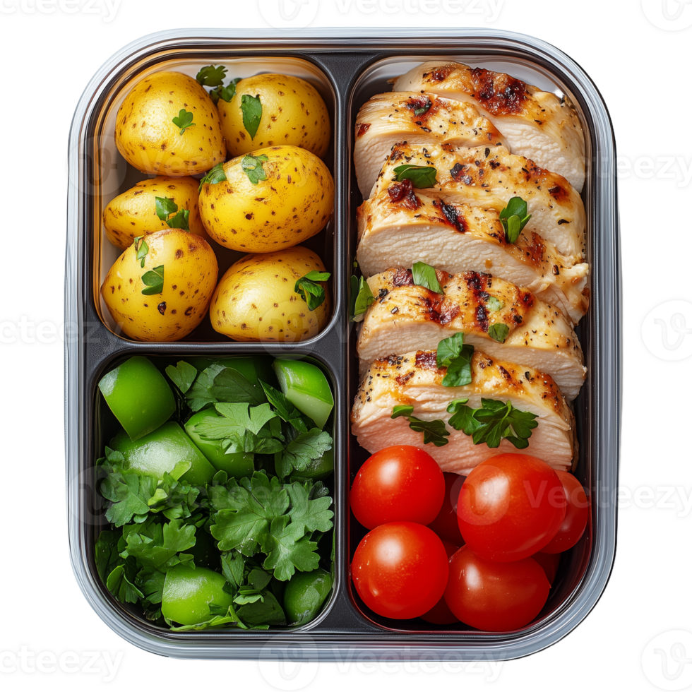 Healthy Grilled Chicken Meal Prep with Fresh Vegetables and Potatoes png