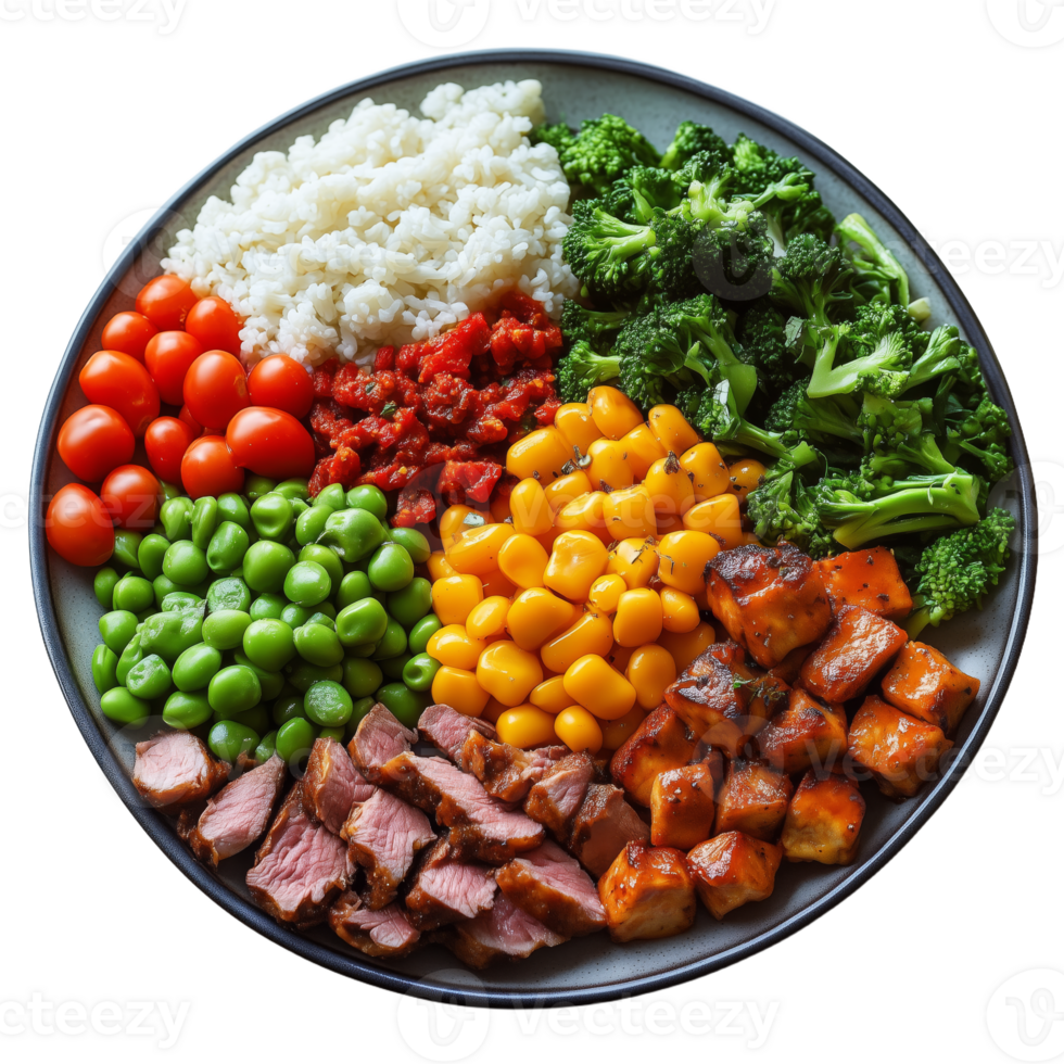 Colorful and Healthy Meal with Rice Meat and Fresh Vegetables png