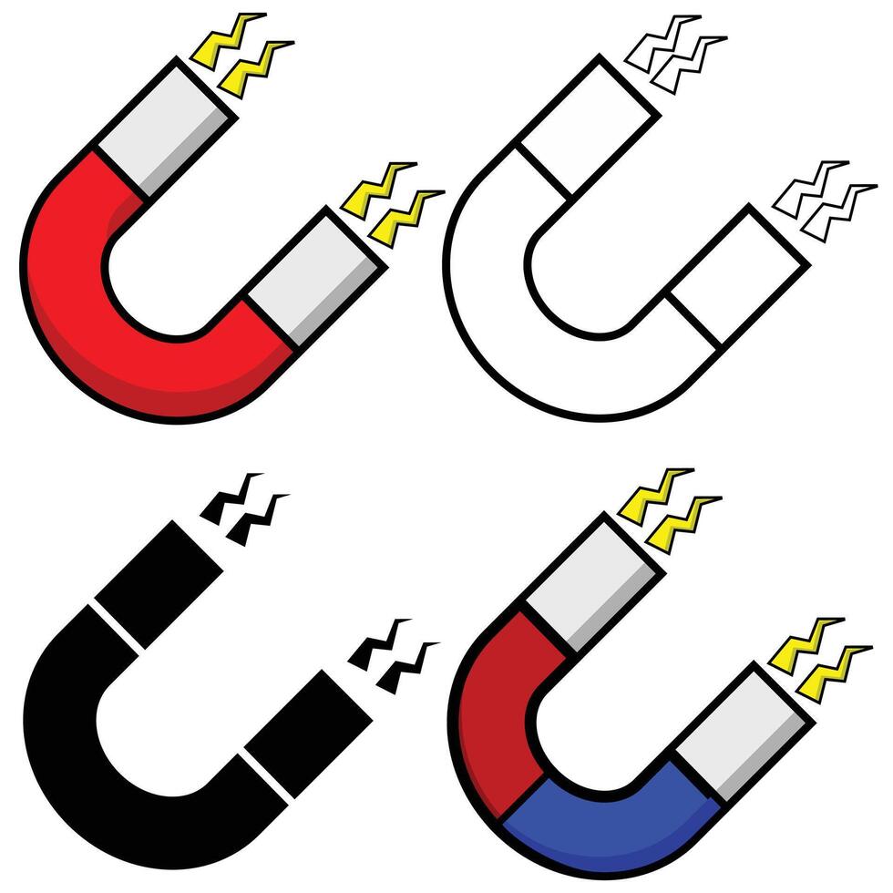 Set of cartoon Magnets in various designs, colour, black and white and silhouette, isolated on a white background vector