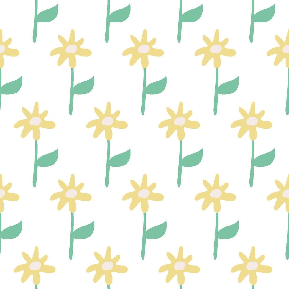 Seamless Pattern of Minimalist yellow daisy Flowers with Green Leaves on a White Background for Fabric or Decor vector