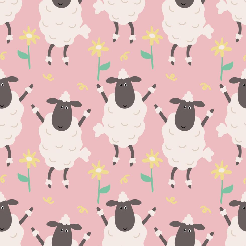 Seamless Pattern of Cheerful Cartoon Sheep Dancing with Yellow Flowers on a Pink Background, Perfect for Kids' Fabric, Wallpaper, or Whimsical Graphic Design vector