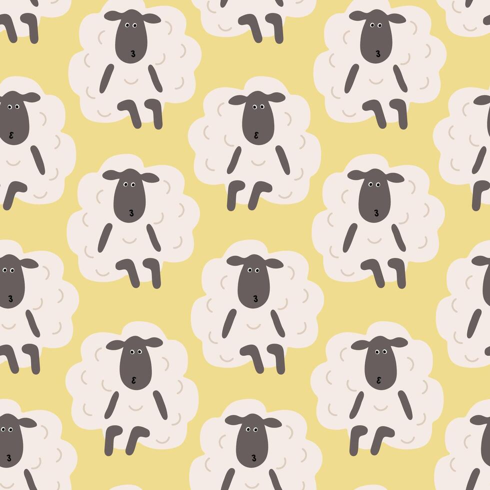 Seamless Pattern of Cute sitting Cartoon Sheep in a Minimalist Style on a Yellow Background vector