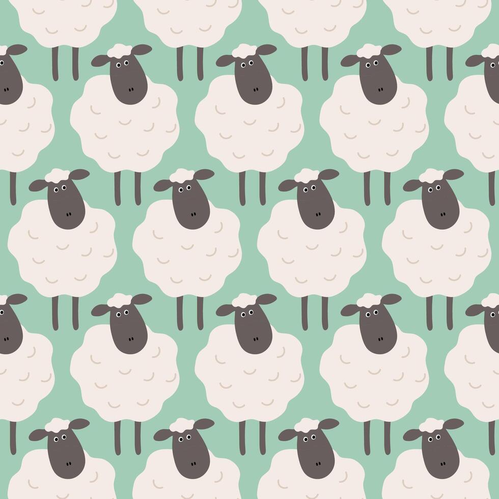 Seamless Pattern of Cute Cartoon Sheep in a Minimalist Style on a Green Background vector
