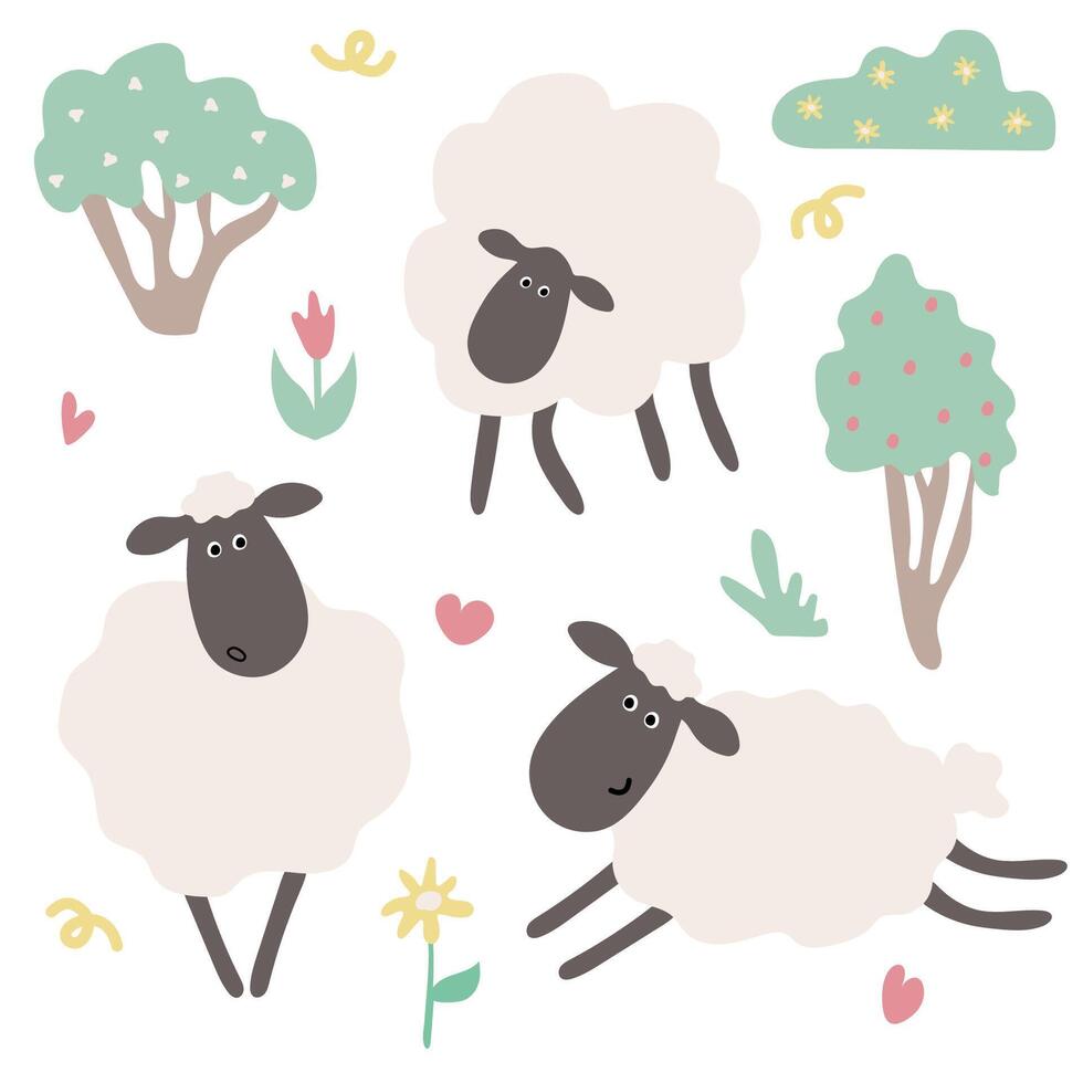 Cute Cartoon Sheep in Pastoral Setting with Trees and Flowers vector