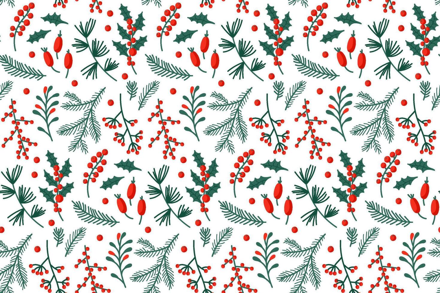 Festive holiday pattern featuring red berries and green leaves on a light background vector
