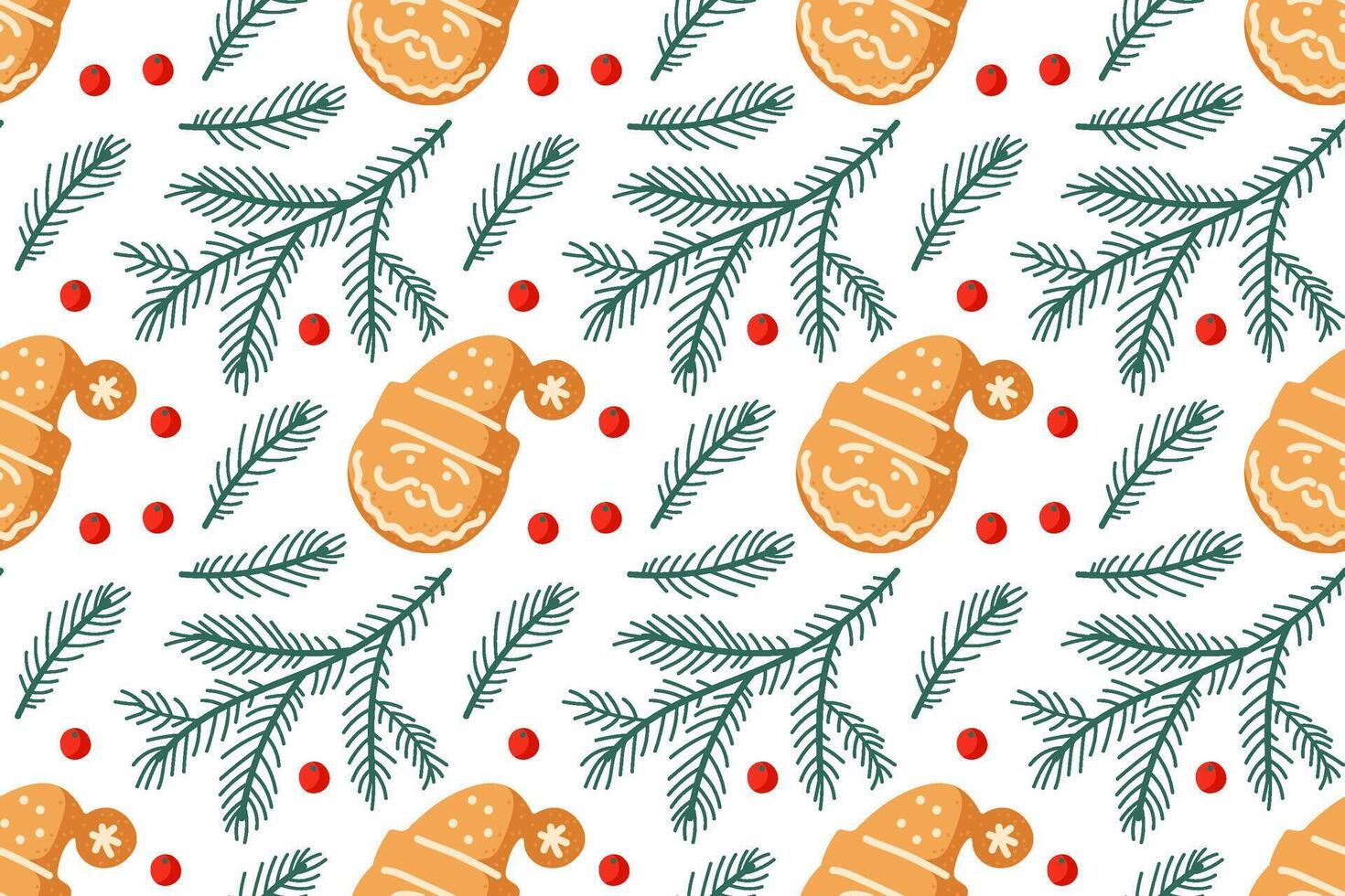 Colorful Christmas pattern featuring Santa Claus and festive greenery with berries vector