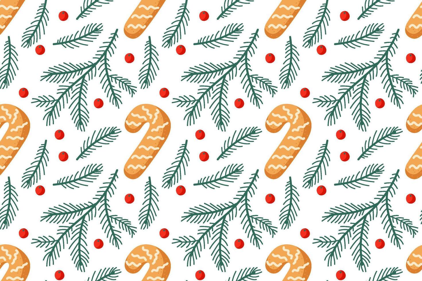 Festive holiday pattern with candy canes, greenery, and red berries on a white background vector