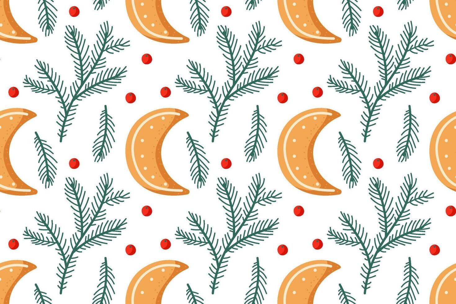 Festive pattern featuring orange slices, evergreen branches, and red berries on a white background vector