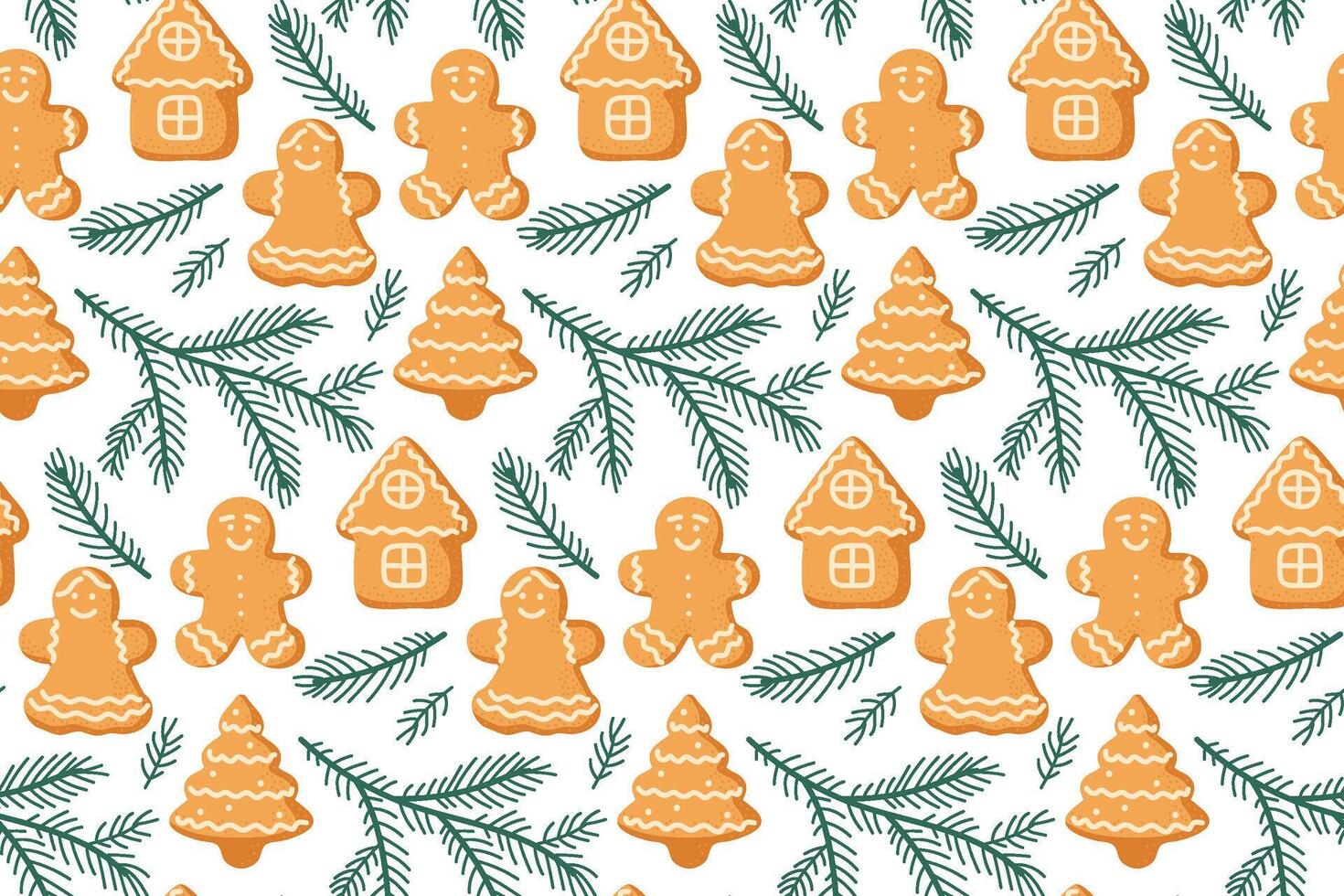 Festive gingerbread cookies and evergreen branches create a cheerful holiday pattern vector