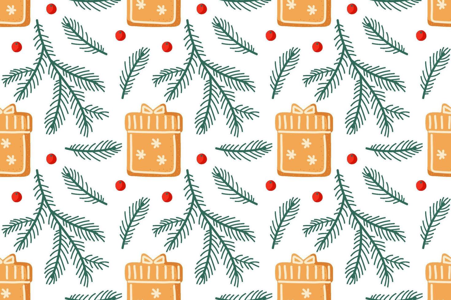Festive pattern featuring gifts and evergreen branches for holiday decorations vector