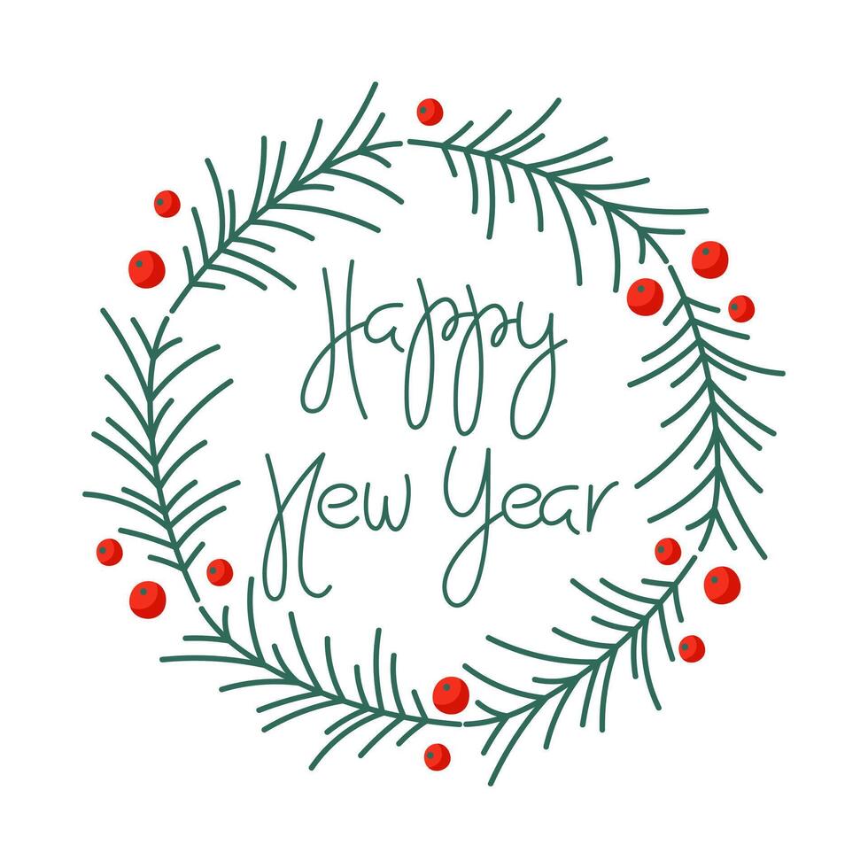 Festive New Year wreath design featuring pine branches and cheerful greeting vector