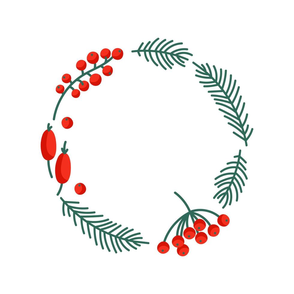 Colorful circular wreath design featuring berries and greenery on a white background vector