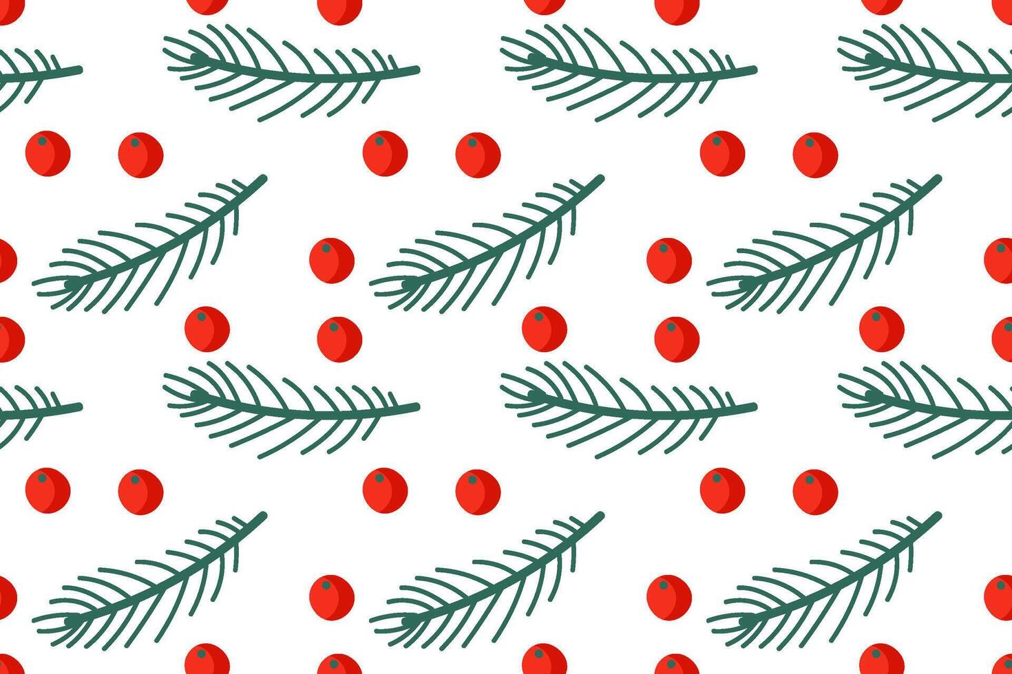 Festive green pine and red berries pattern on white for holiday designs vector
