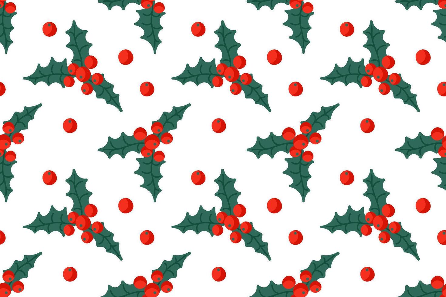 Festive pattern featuring holly leaves and red berries on a white background for holiday decor vector