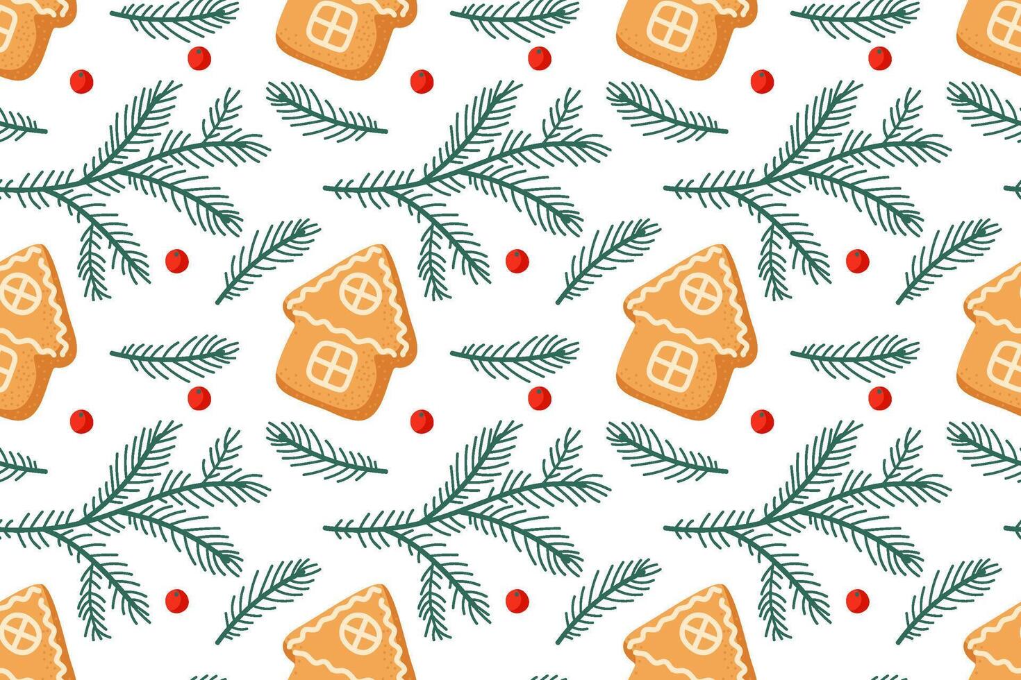 Festive gingerbread houses and evergreen branches arranged on a wintery background vector