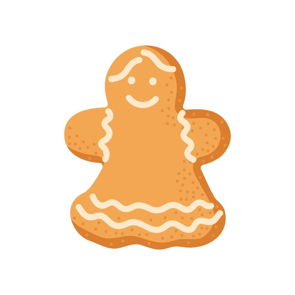 Gingerbread cookie shaped like a smiling girl with white icing decorations on a simple background vector