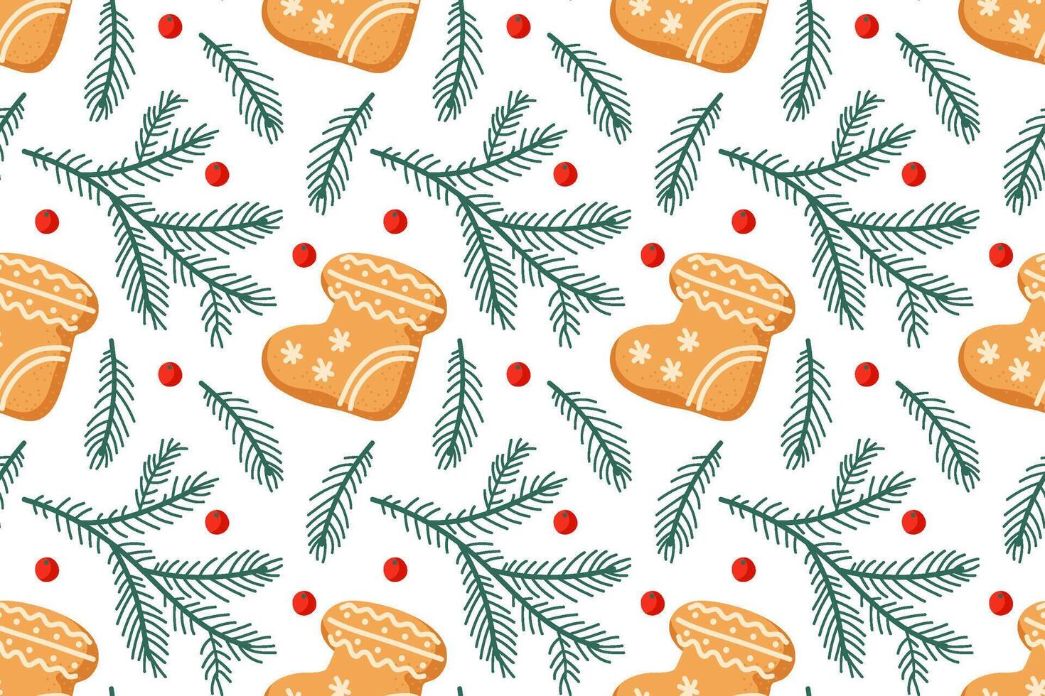 Festive gingerbread cookies and pine branches on a white background for holiday decorations vector